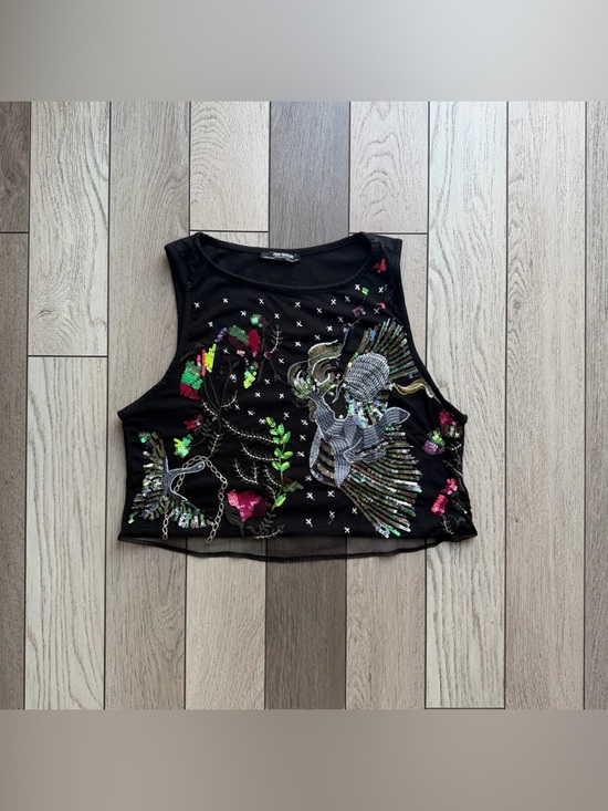 Zara Tops - Zara Black Sequin Embroidered Crop Top with Multicolor Accents